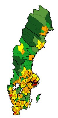 Kartbild över Sverige. Olika färger visar om en kommun definieras som mycket glesa landsbygdskommuner, glesa landsbygdskommuner, tätortsnära landsbygdskommuner, glesa blandade kommuner, täta blandade kommuner eller storstadskommuner.