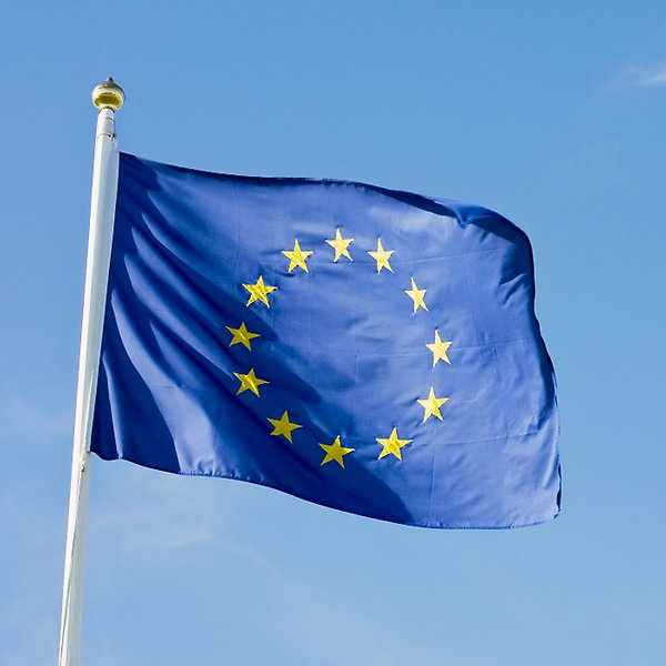 Översta delen av en flaggstång med en EU-flagga som fladdrar i vinden. Blå himmel i bakgrunden.